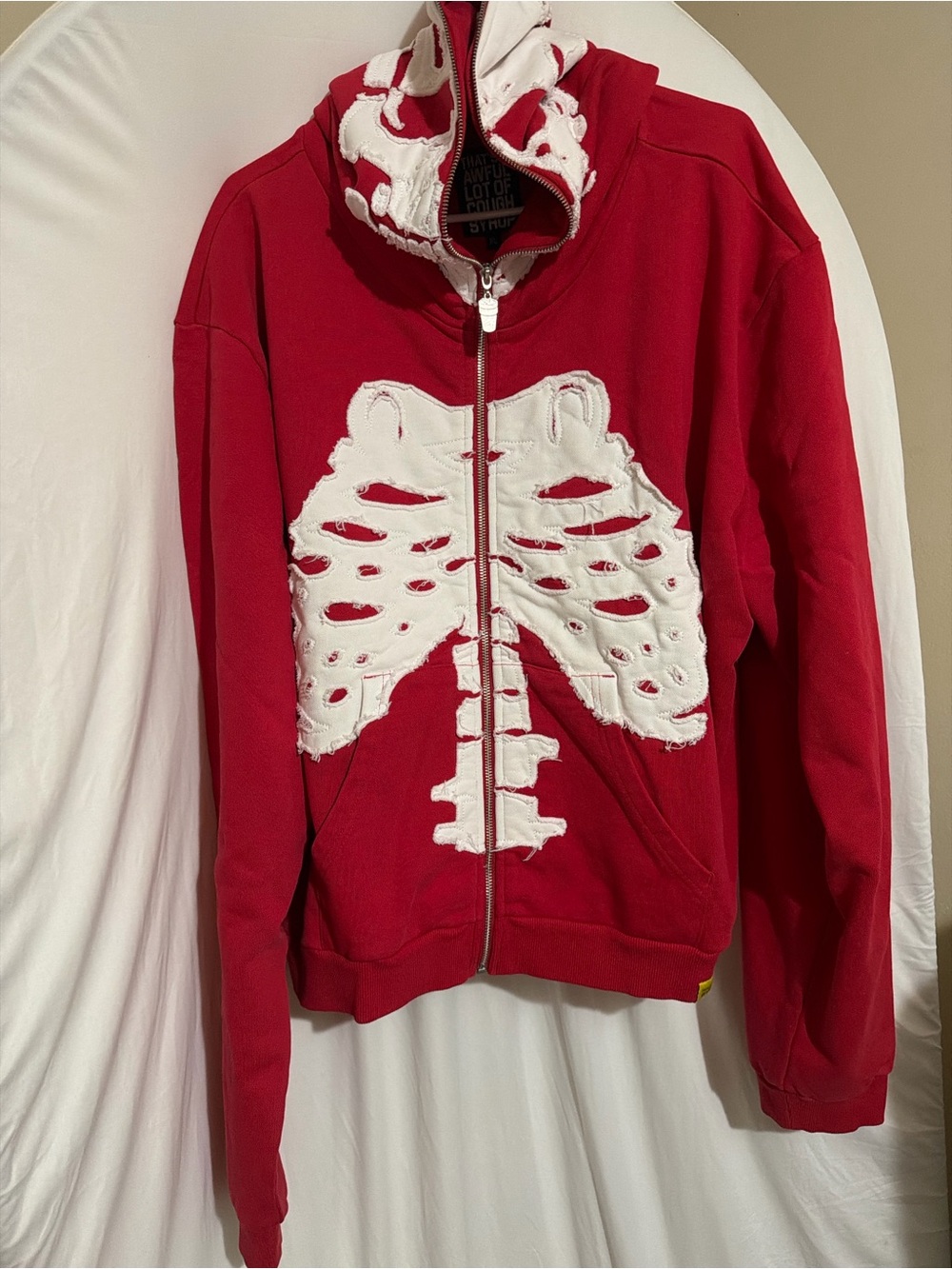 Red Zip-Up Hoodie with White Ribcage Appliqué - Women